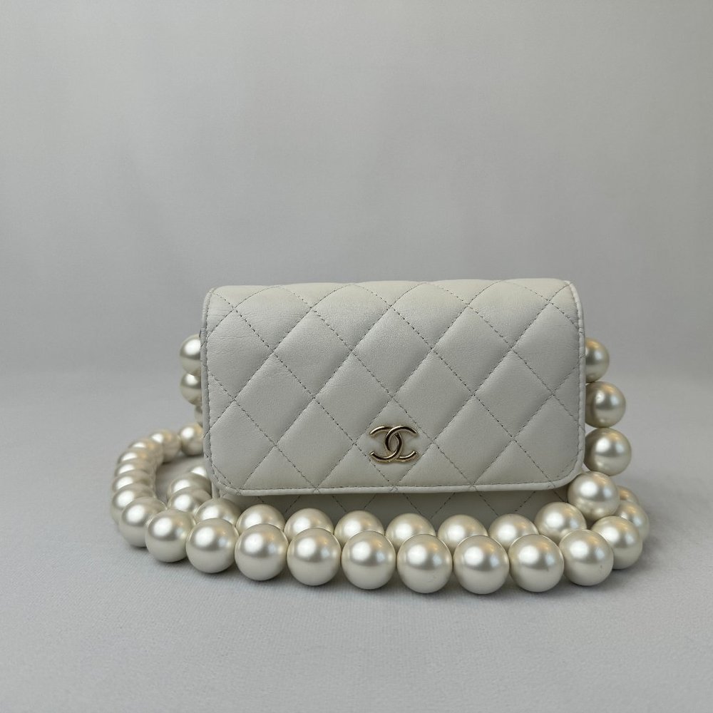 Chanel Pearl Strap CC Wallet on Chain Quilted Calfskin Mini White